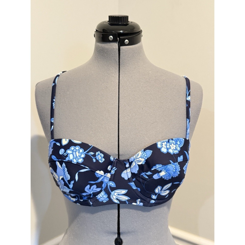 J.Crew RE-IMAGINED bikini top features midnight-blue floral pattern 36C NWT